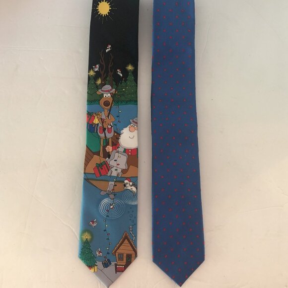 2 Ties -Holiday Traditions Hallmark Reindeer Fishing w/Santa & Chaps PolkaDot - Picture 1 of 8